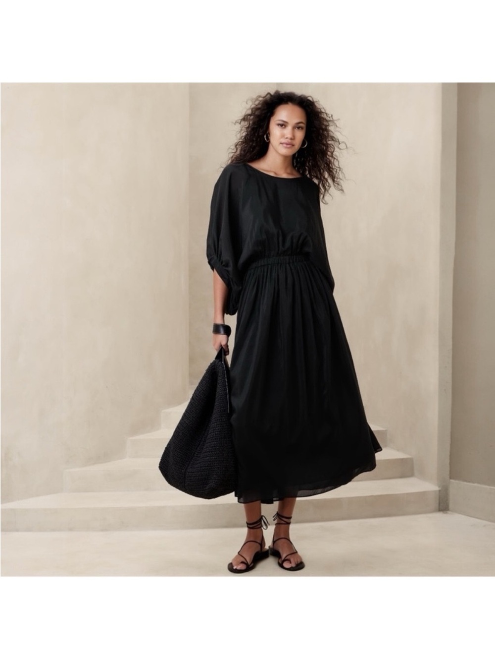 Banana Republic Black Eliana Silk blend dress large new midi
